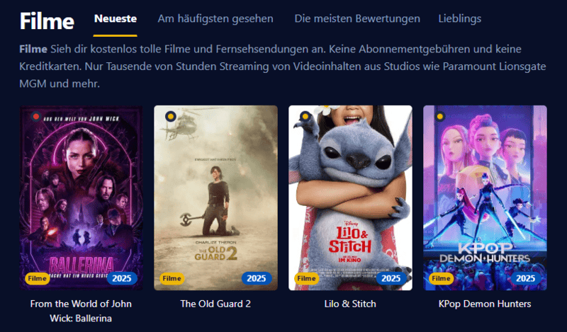 Screenshot der Benutzeroberfl&auml;che von Einschalten die eine moderne Streaming Plattform mit Filmen und Serien anzeigt